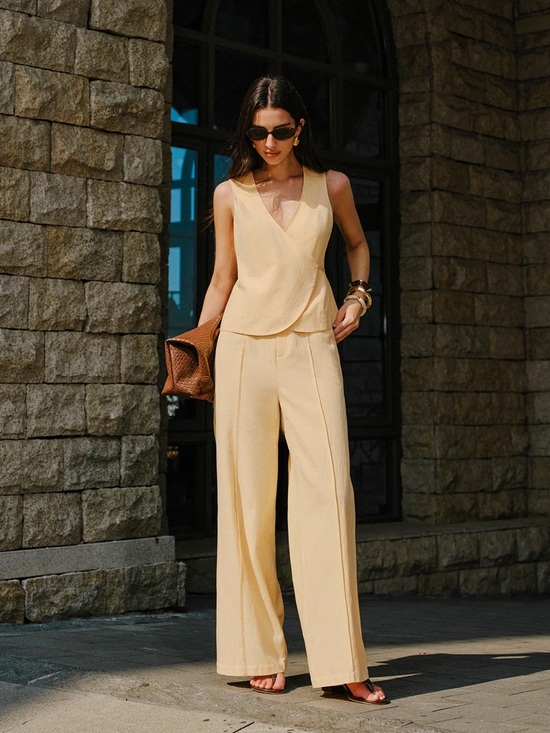 Commense Pants - Commense SET Cotton & Linen Wrap Top With Pants Set